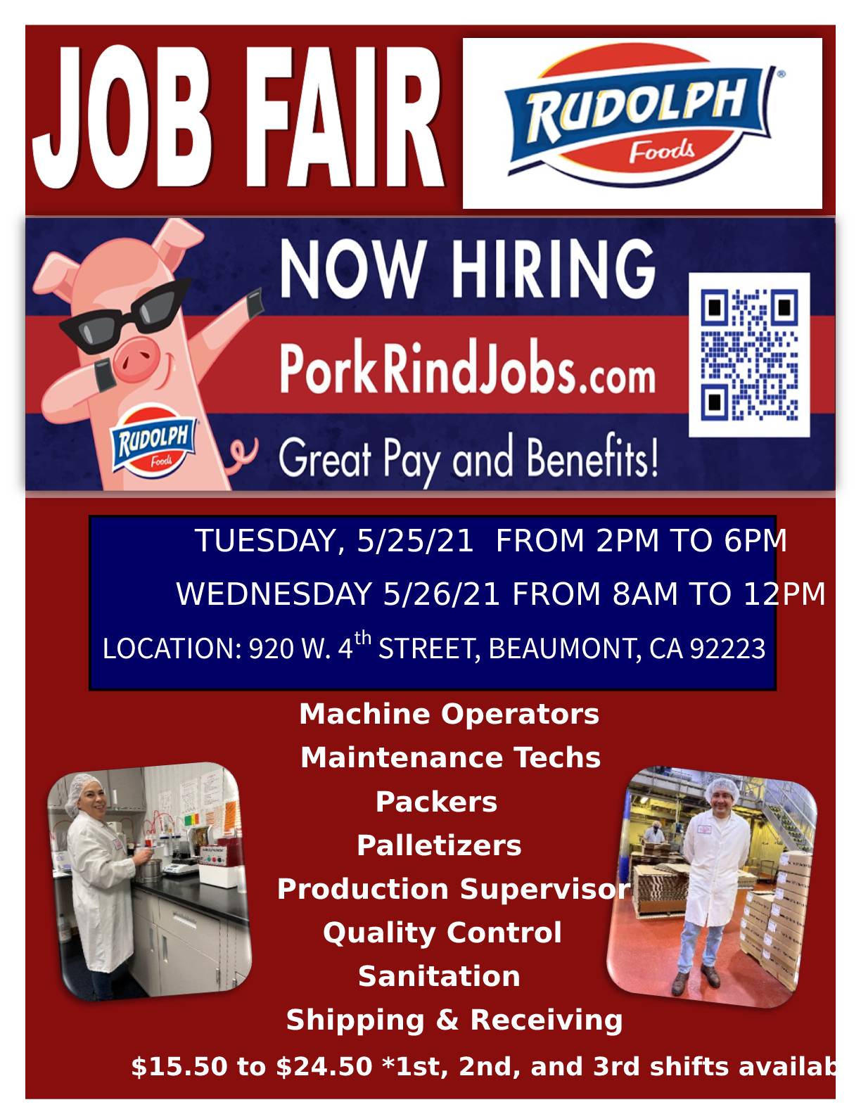 Rudolph Foods Onsite Job Fair on Tuesday, 5/25 and Wednesday, 5/26