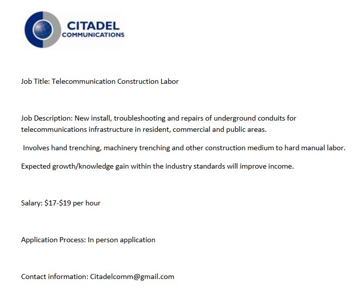 Job Title: Telecommunication Construction Labor